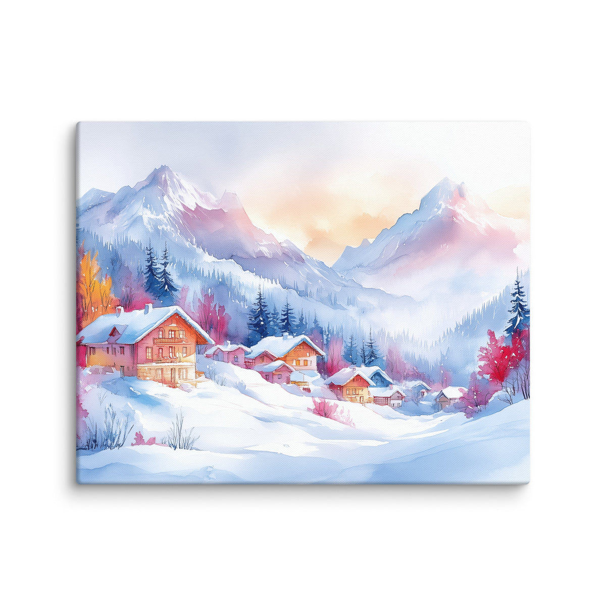 Canvas print of snowy chalets and blue-lilac mountains, shown alone with snow and pink trees