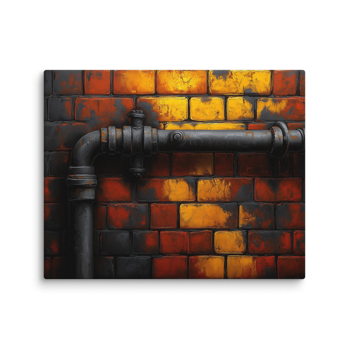 Vue entière presque carrée du tableau sur blanc : motif de tuyau sombre coudé et briques rouges, orange, jaunes et charbon.