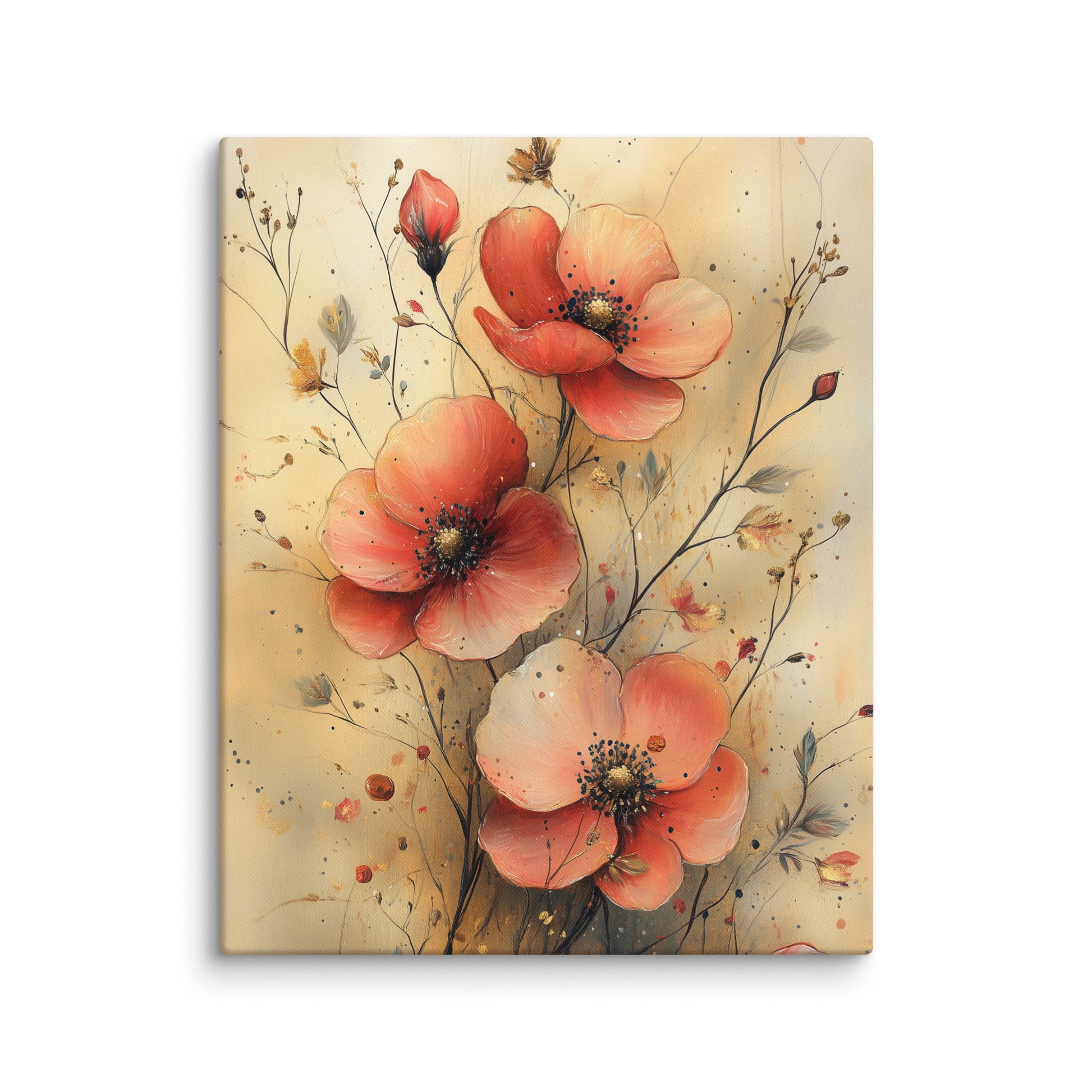 Composition florale corail et crème sur toile au format M