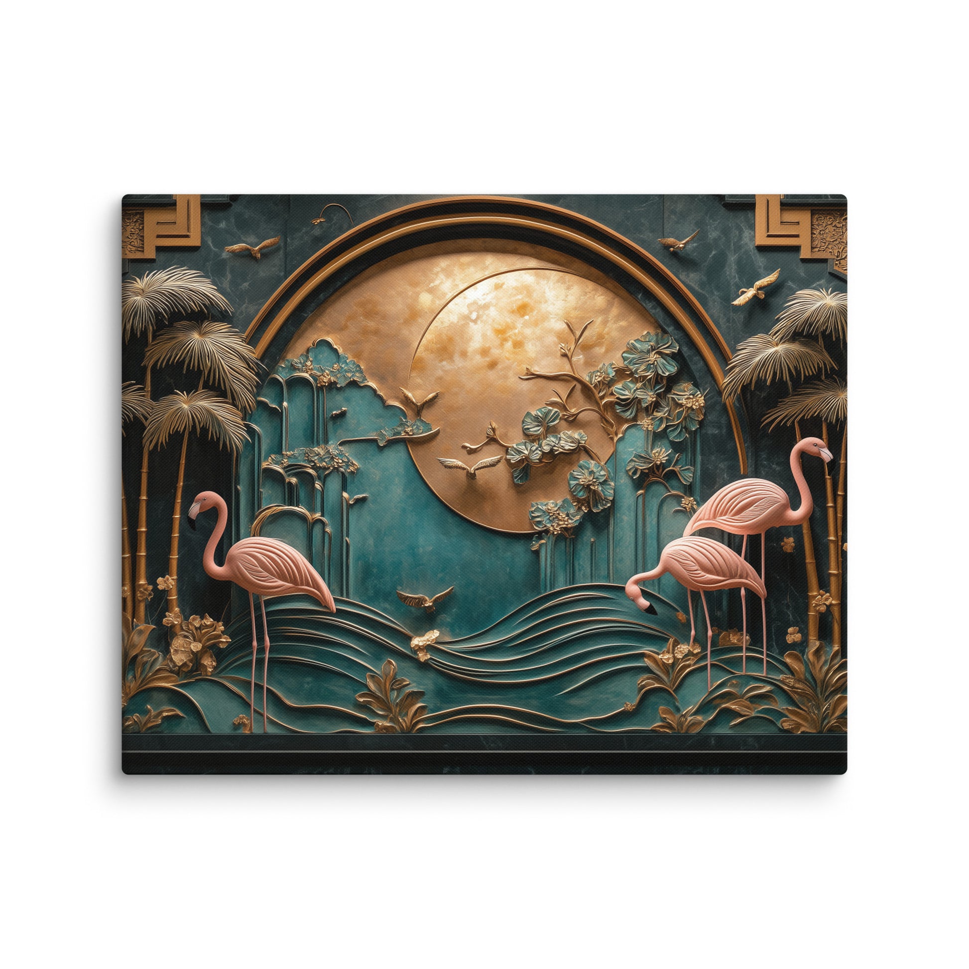 tableau flamants roses en relief rose et doré sur fond turquoise vert style art déco toile détail texture premium