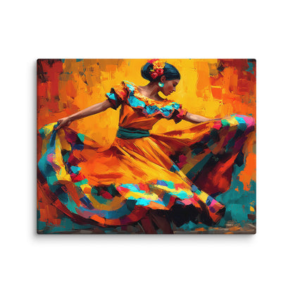 tableau danseuse mexicaine mouvement coloré moderne zoom détail toile texture visible robe orange turquoise rouge