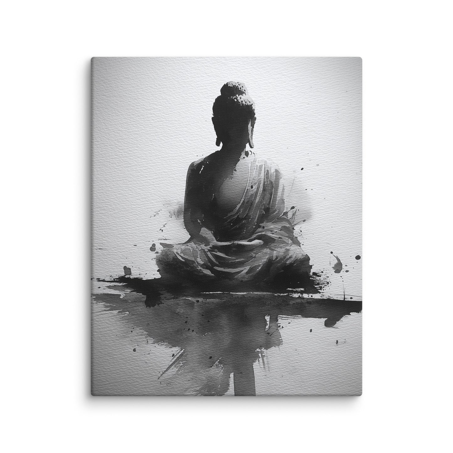 japonais toile bouddha sumi-e encre noire et grise posture méditative lavis minimaliste zoom détail texture premium