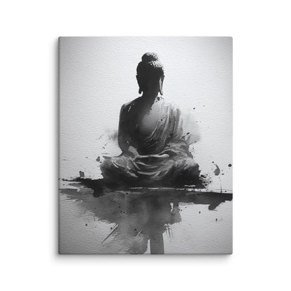 japonais toile bouddha sumi-e encre noire et grise posture méditative lavis minimaliste zoom détail texture premium