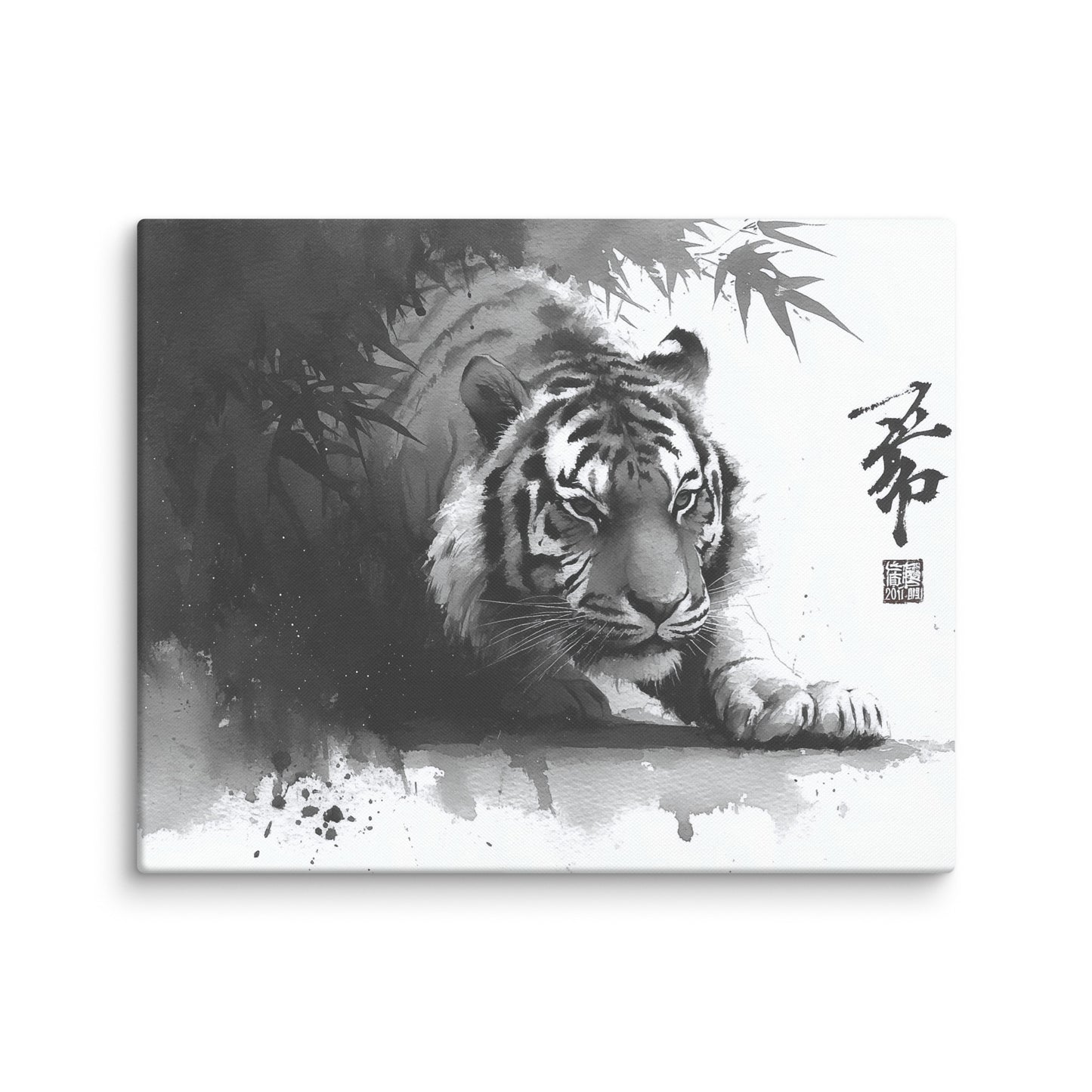 sumi e tigre tableau noir et blanc style japonais mockup zoom détail texture toile premium regard ancestral