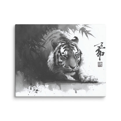 sumi e tigre tableau noir et blanc style japonais mockup zoom détail texture toile premium regard ancestral