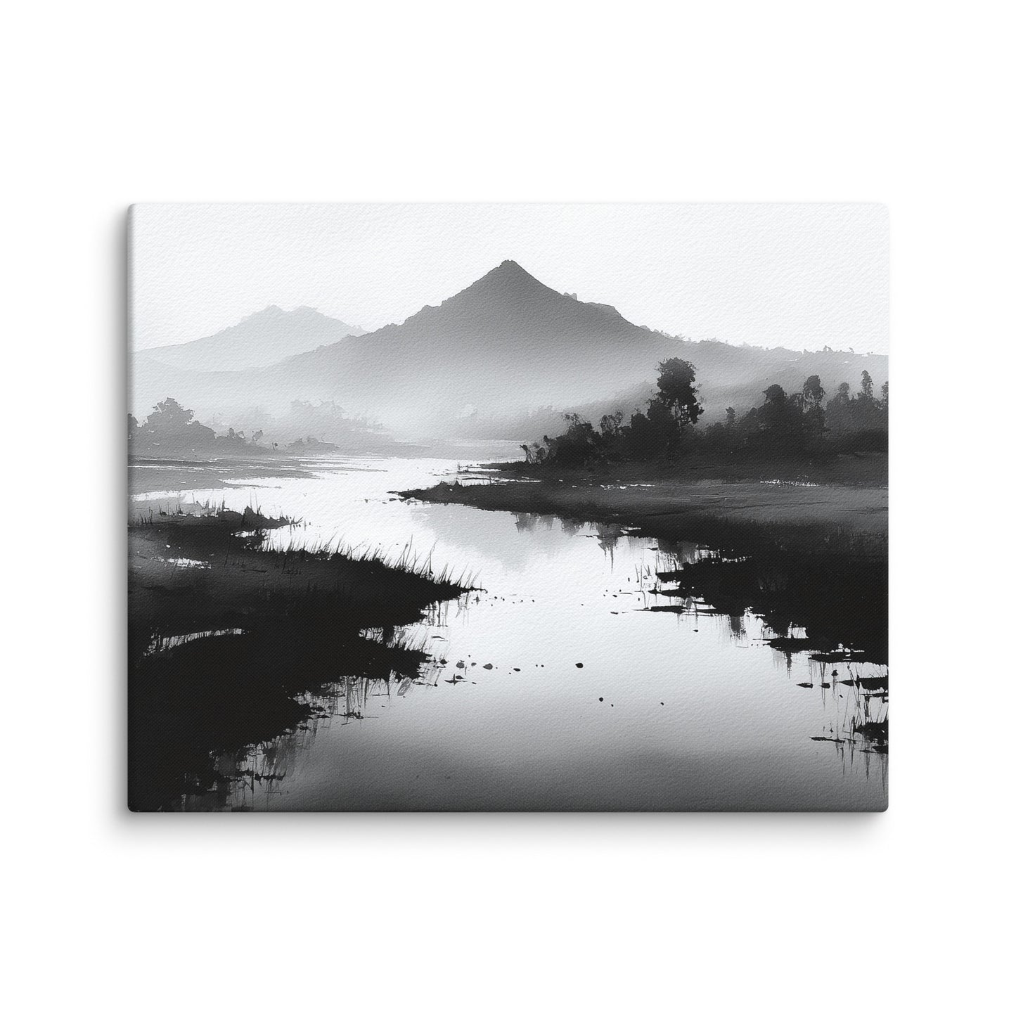sumi e paysage tableau noir et blanc rivière silencieuse horizon contemplatif japonais mockup détail texture toile