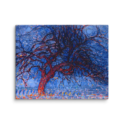 tableau abstrait bleu et indigo avec arbre rouge flamboyant gros plan texture toile premium