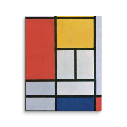 tableau néoplasticisme vertical zoom texture toile, blocs rouges jaune bleu primaire, champs blancs, lignes noires épaisses