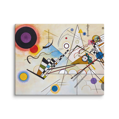 kandinsky toile mockup détail texture de toile fond beige clair cercles violets rouges bleus jaunes triangles lignes obliques