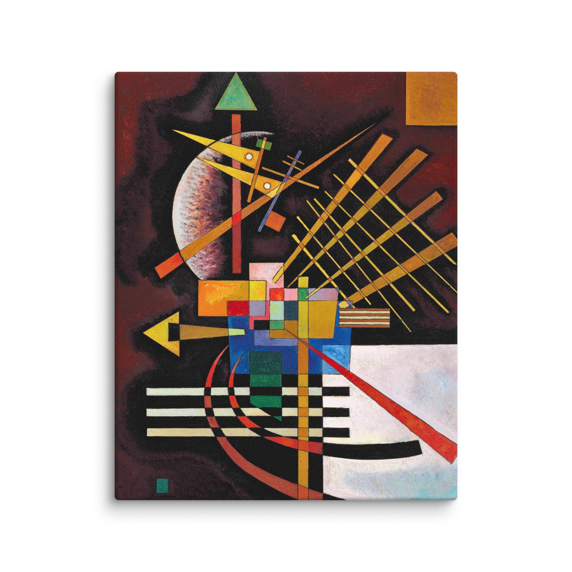 la haut tableau abstrait noir zoom détail toile texture canevas premium formes géométriques cercles lignes jaunes et rouges