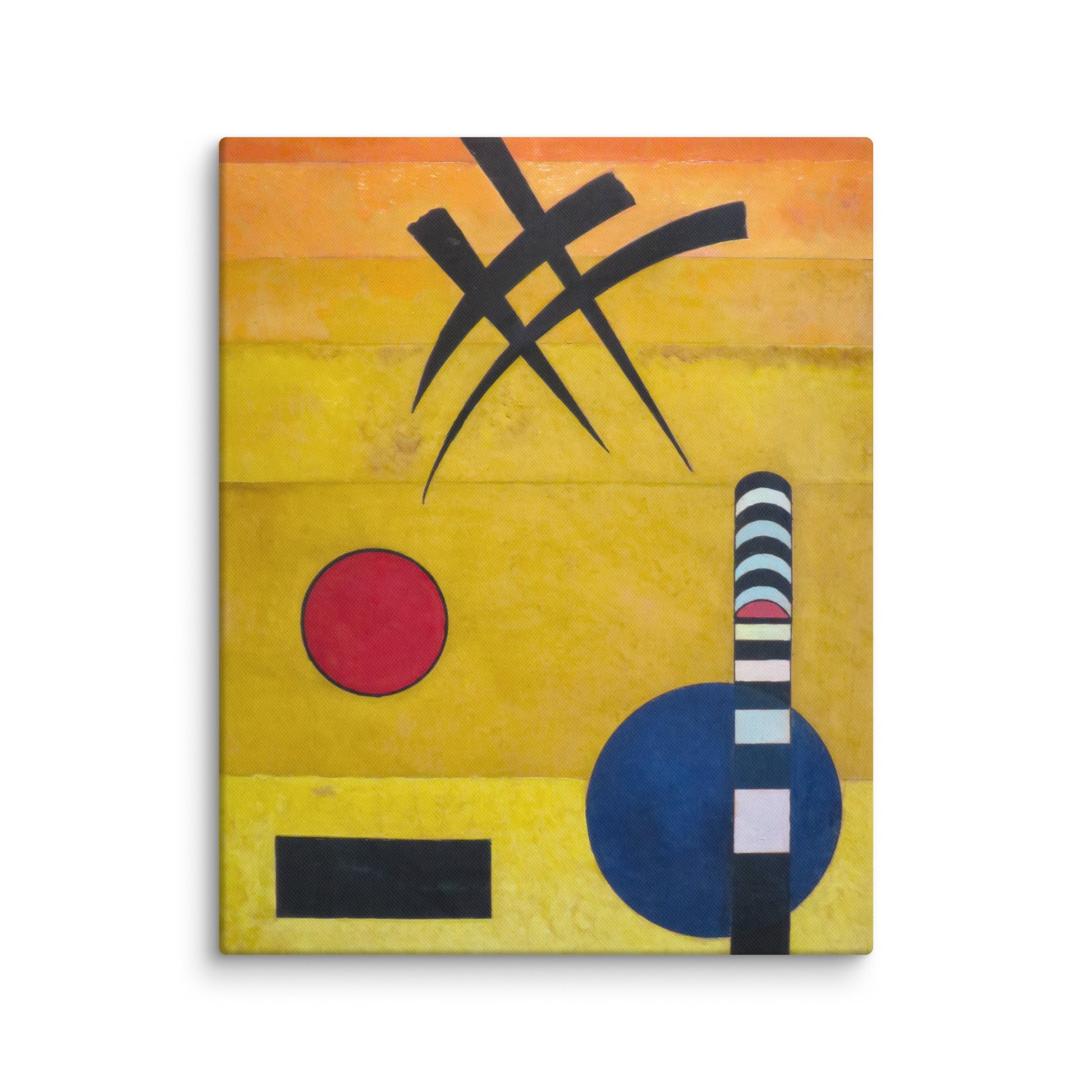 kandinsky toile abstraite jaune, cercle rouge, grand cercle bleu, colonne rayée, signes noirs, texture toile en gros plan