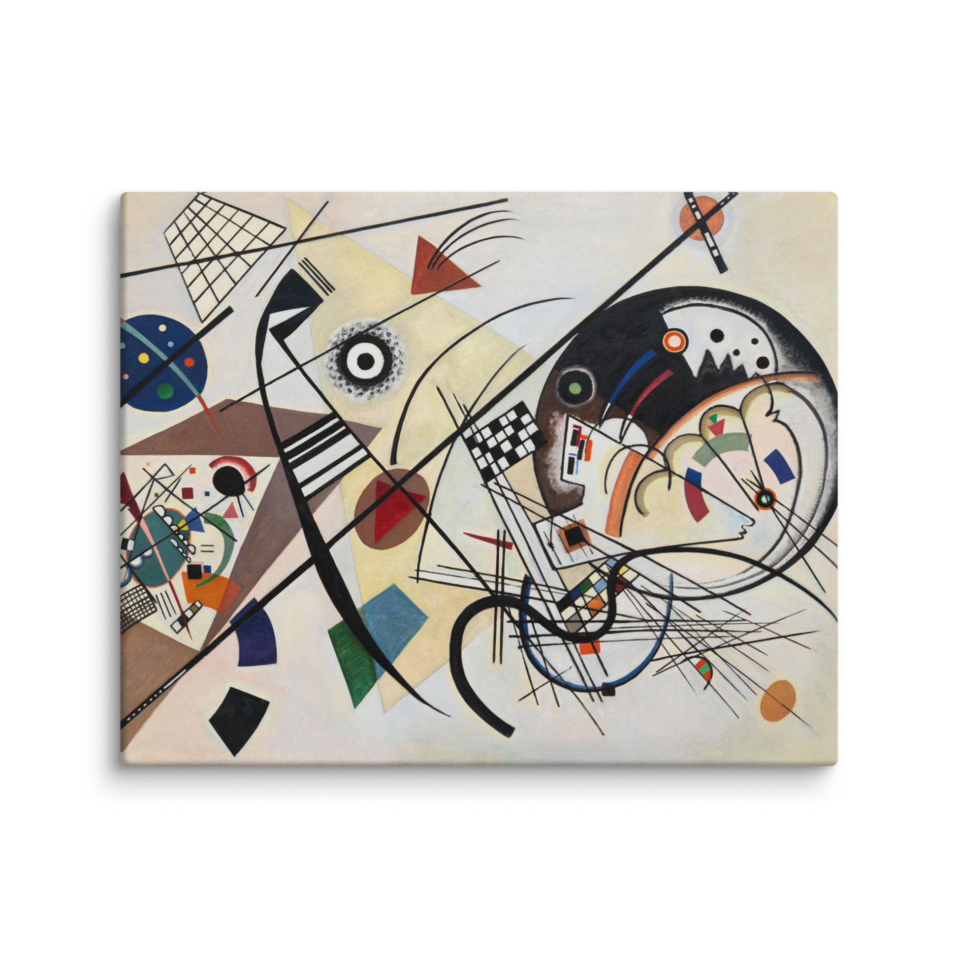 kandinsky tableau détail toile texture fond beige ligne diagonale noire courbes formes géométriques colorées art abstrait