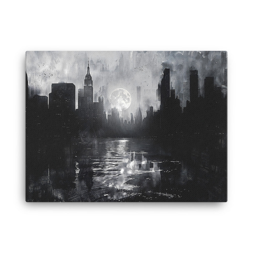 Front view of the monochrome cityscape beneath a grey sky