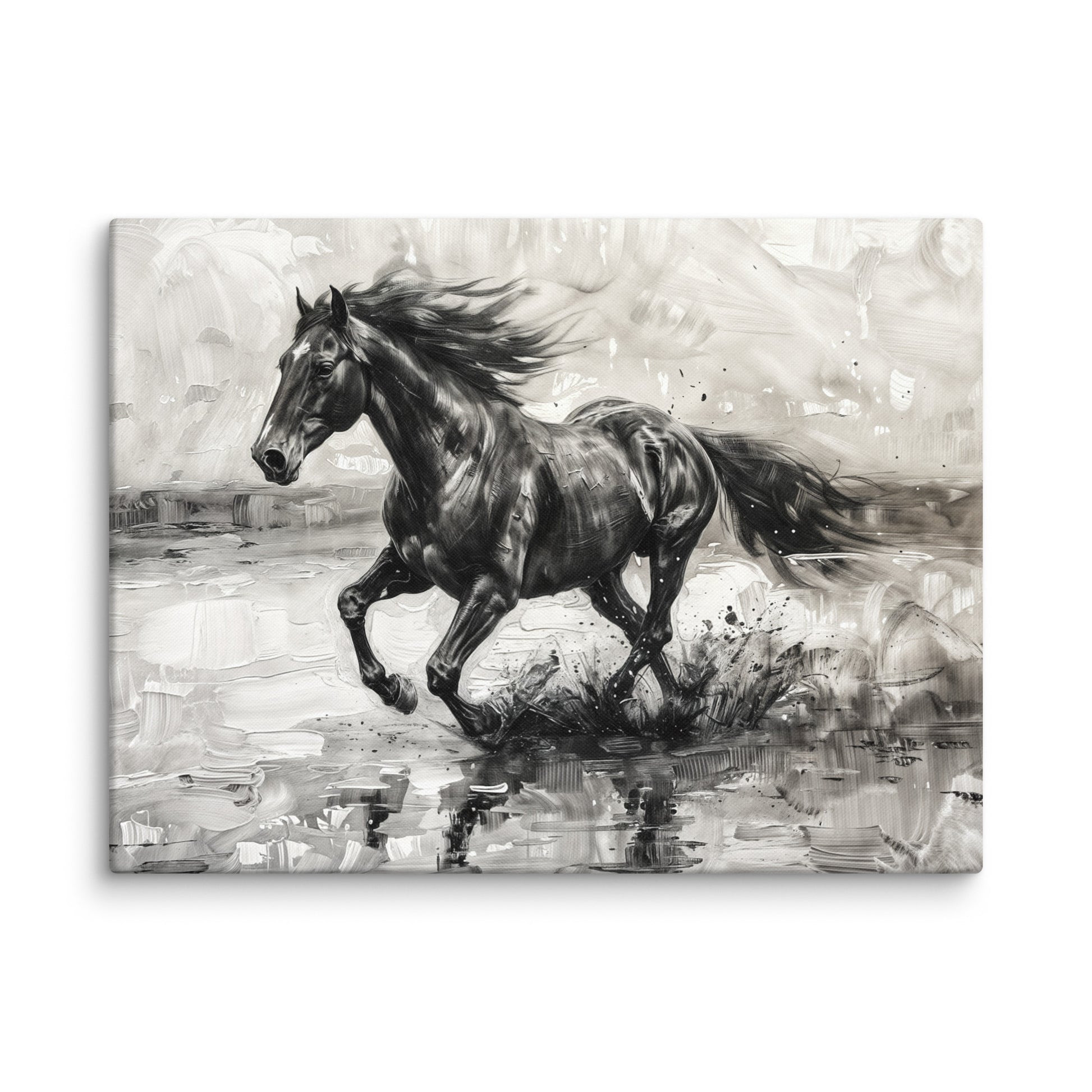 Tableau Cheval Noir et Blanc en Mouvement  Art Virtuoso L