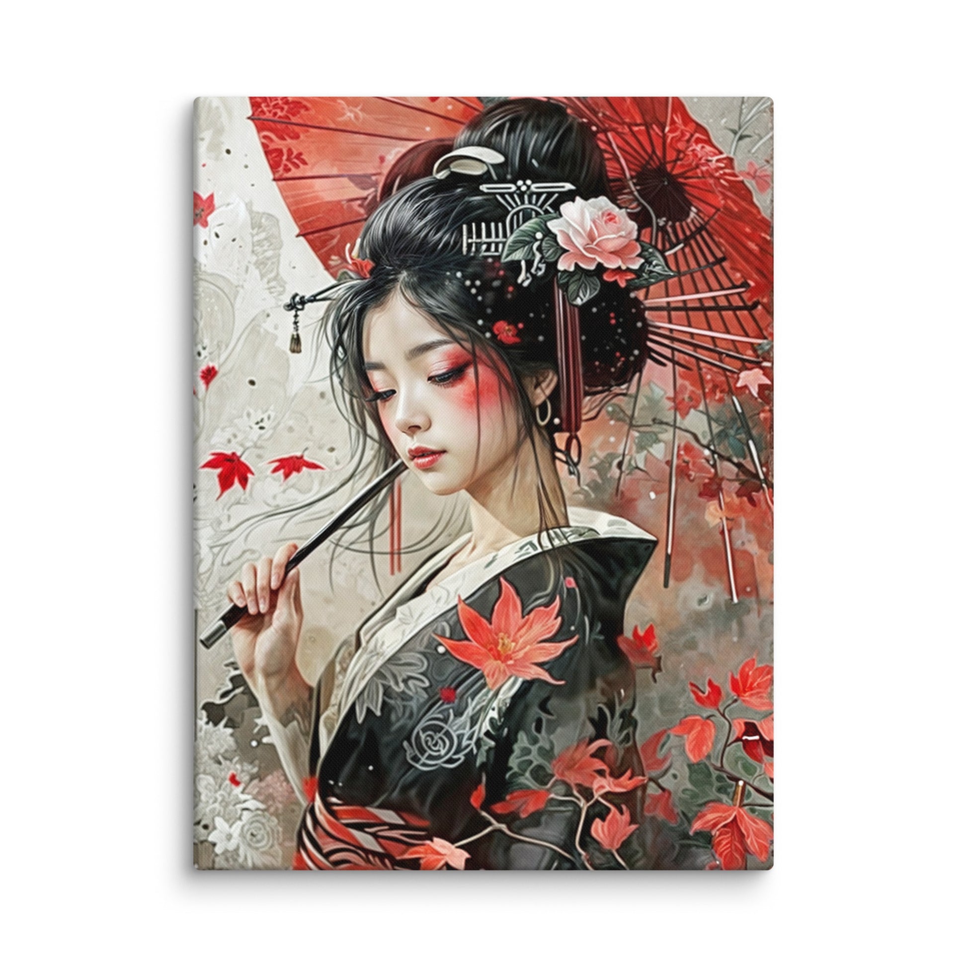 jardin japonais toile geisha ombrelle rouge gros plan texture kimono noir feuilles érable rouges