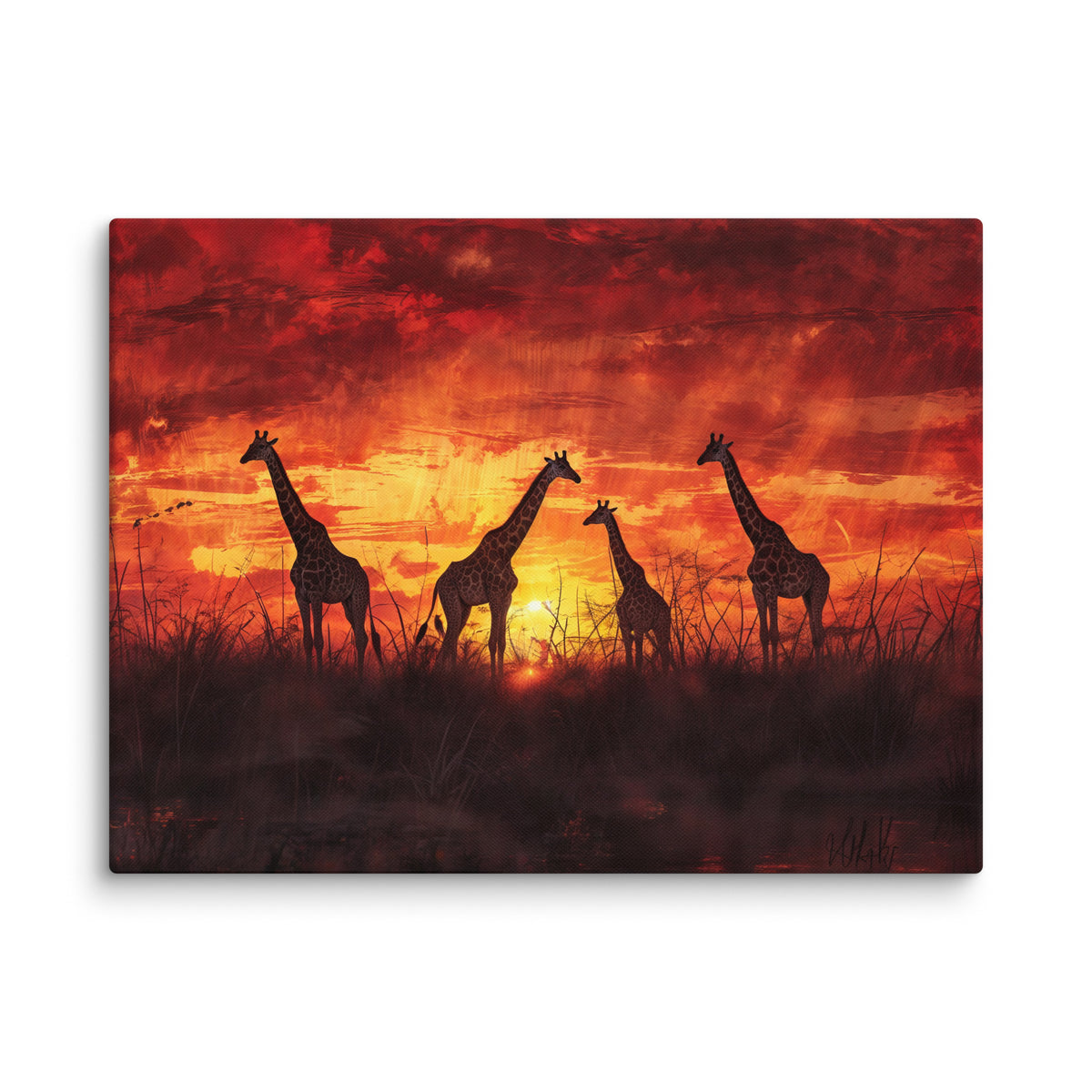 Canvas print of four giraffes before a yellow sun and red-orange sky, shown alone with a cast shadow