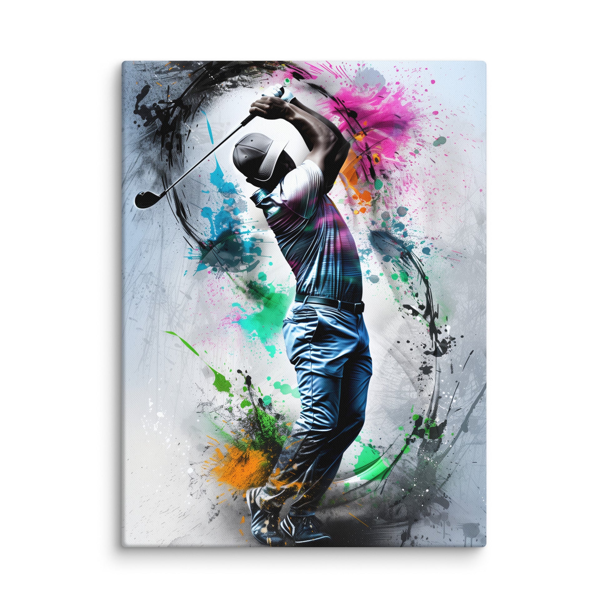 golf tableau coloré moderne golfeur en plein swing éclaboussures rose vert orange bleu fond blanc ambiance déco