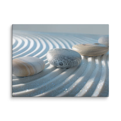 tableau toile texturée mockup détail minimaliste blanc galets gris et beige sur sable ondulé impression premium