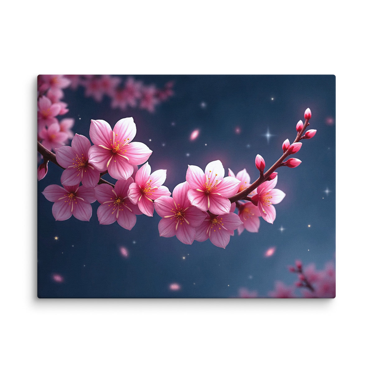 Canvas print of a pink flowering branch on a night-blue background, shown alone with pale blossoms against a dark field
