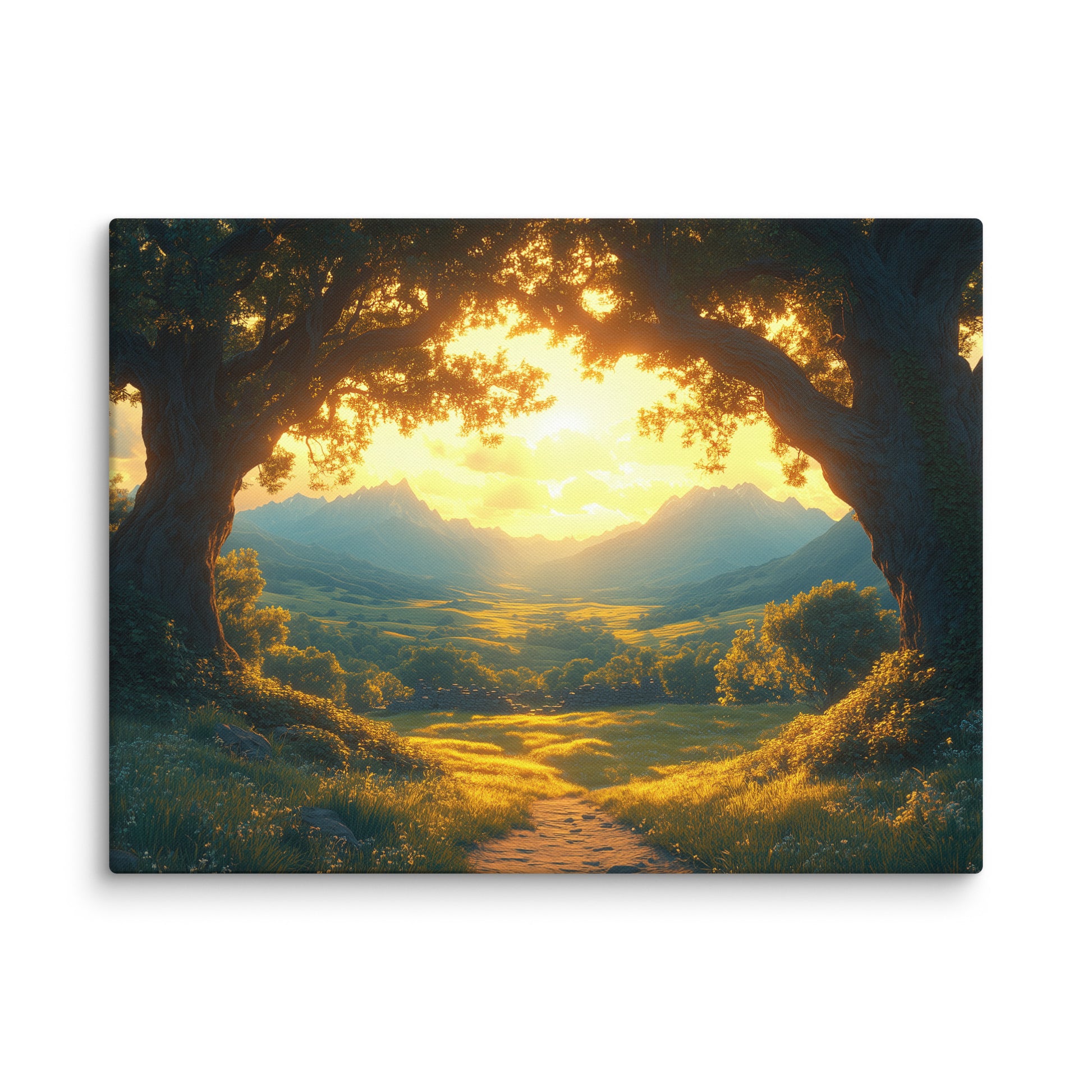 Tableau paysage format L avec sommets bleutés et lumière solaire représentée