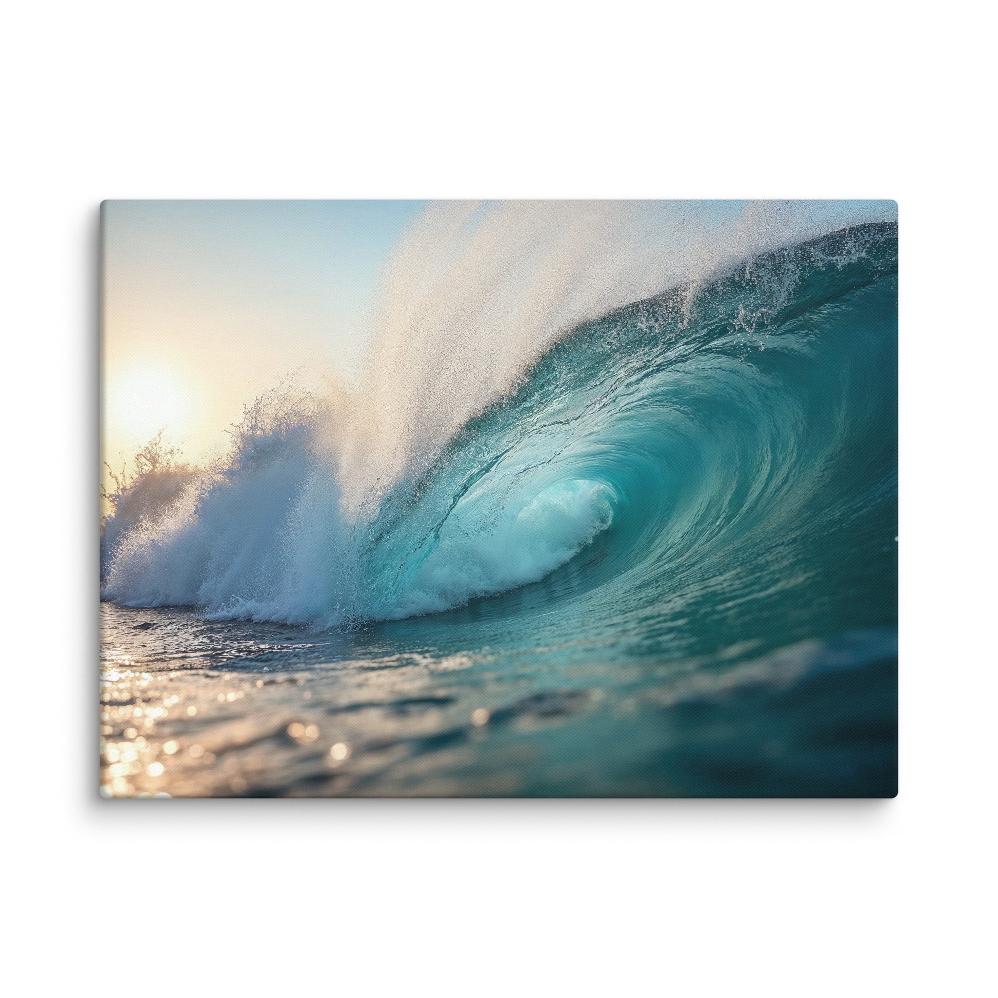 tableau vague turquoise en tube lumière dorée mockup détail texture toile impression premium
