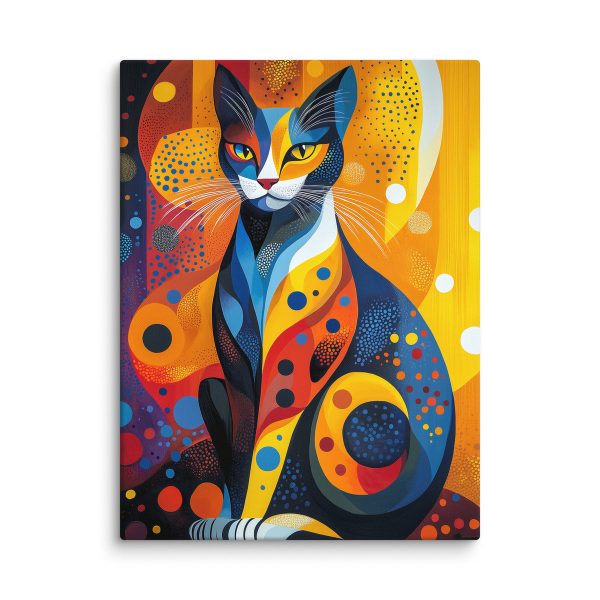 Stylised cat with yellow eyes, curved tail and colour band at the bottom of the canvas