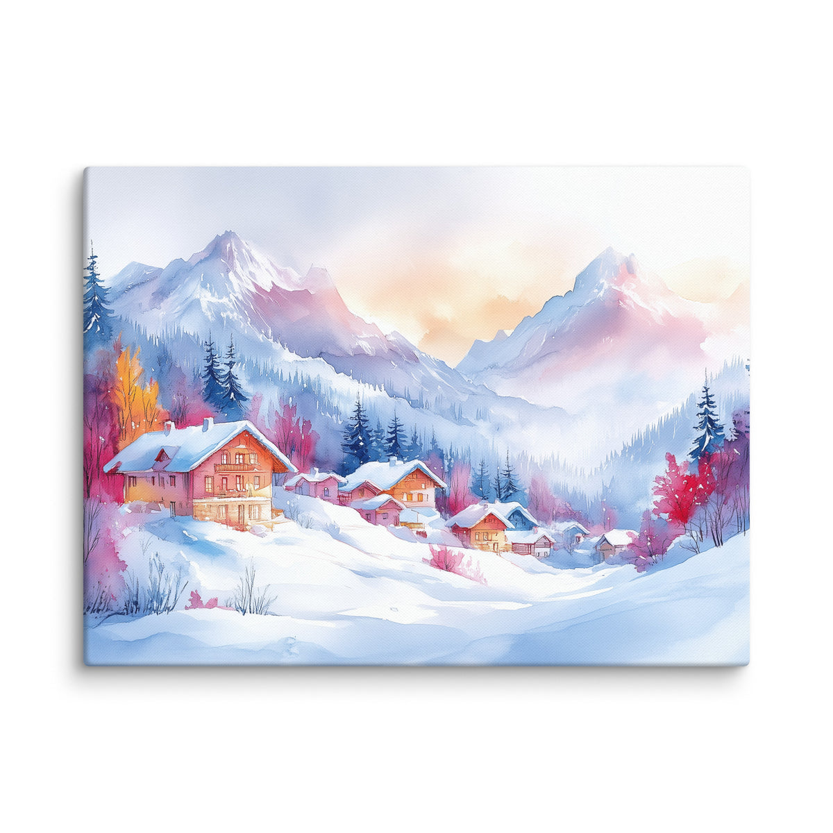 Canvas print of snowy chalets and blue-lilac mountains, shown alone with a large chalet on the left