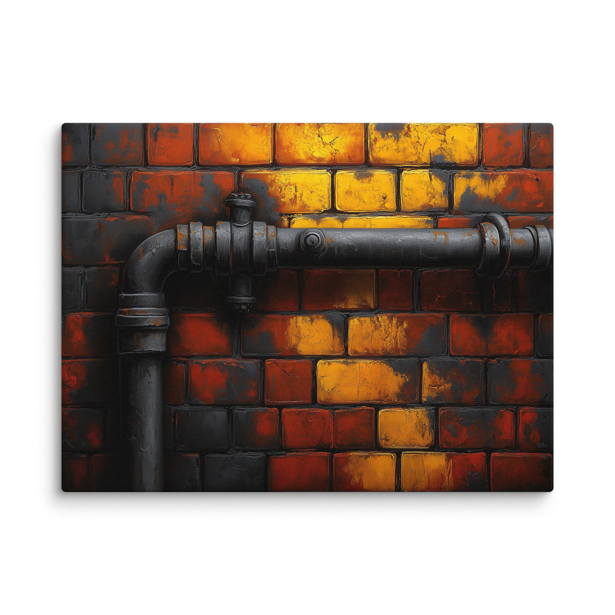 Vue entière presque carrée du tableau sur blanc : motif de tuyau sombre coudé et briques rouges, orange, jaunes et charbon.