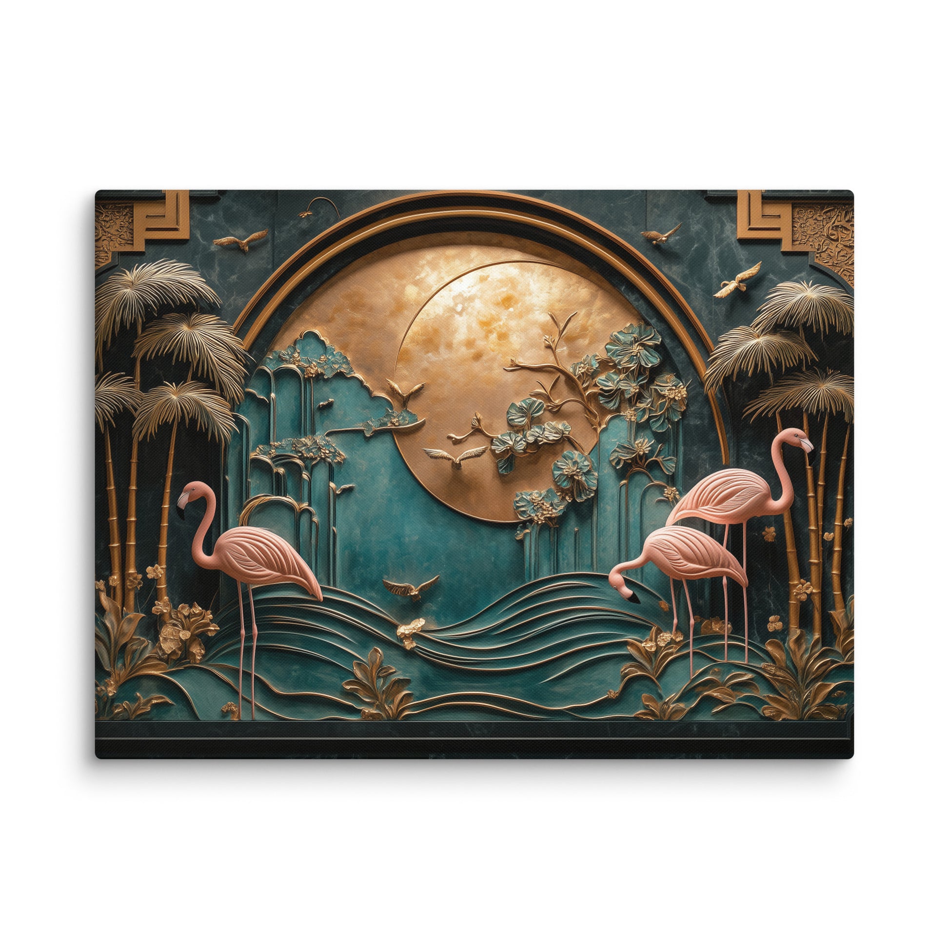 tableau flamants roses art déco relief doré sur fond vert émeraude toile zoom texture premium