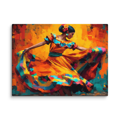 tableau danseuse mexicaine mouvement coloré moderne détail toile texture premium robe tournoyante jaunes et turquoises