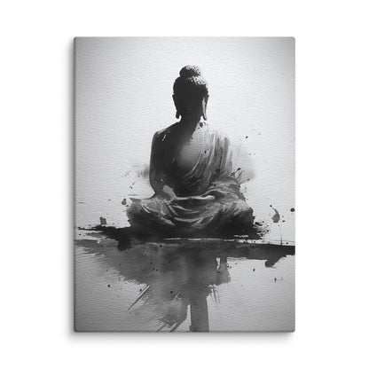 japonais tableau sumi-e bouddha noir et blanc zoom détail texture toile grainée lavis d'encre ambiance méditative