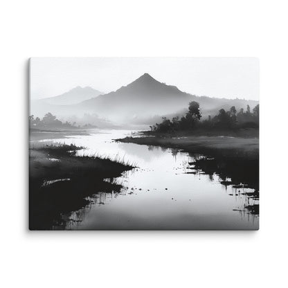 sumi e paysage rivière silencieuse horizon contemplatif toile noir et blanc style japonais mockup détail texture de la toile