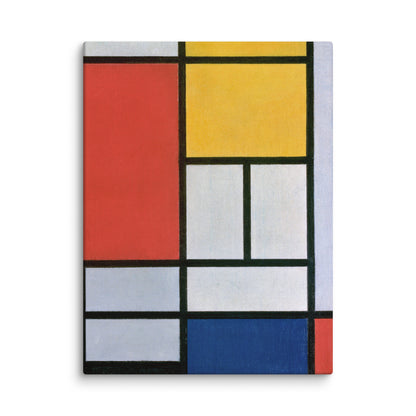 tableau néoplasticisme gros plan texture toile détail couleurs rouge jaune bleu blancs lignes noires