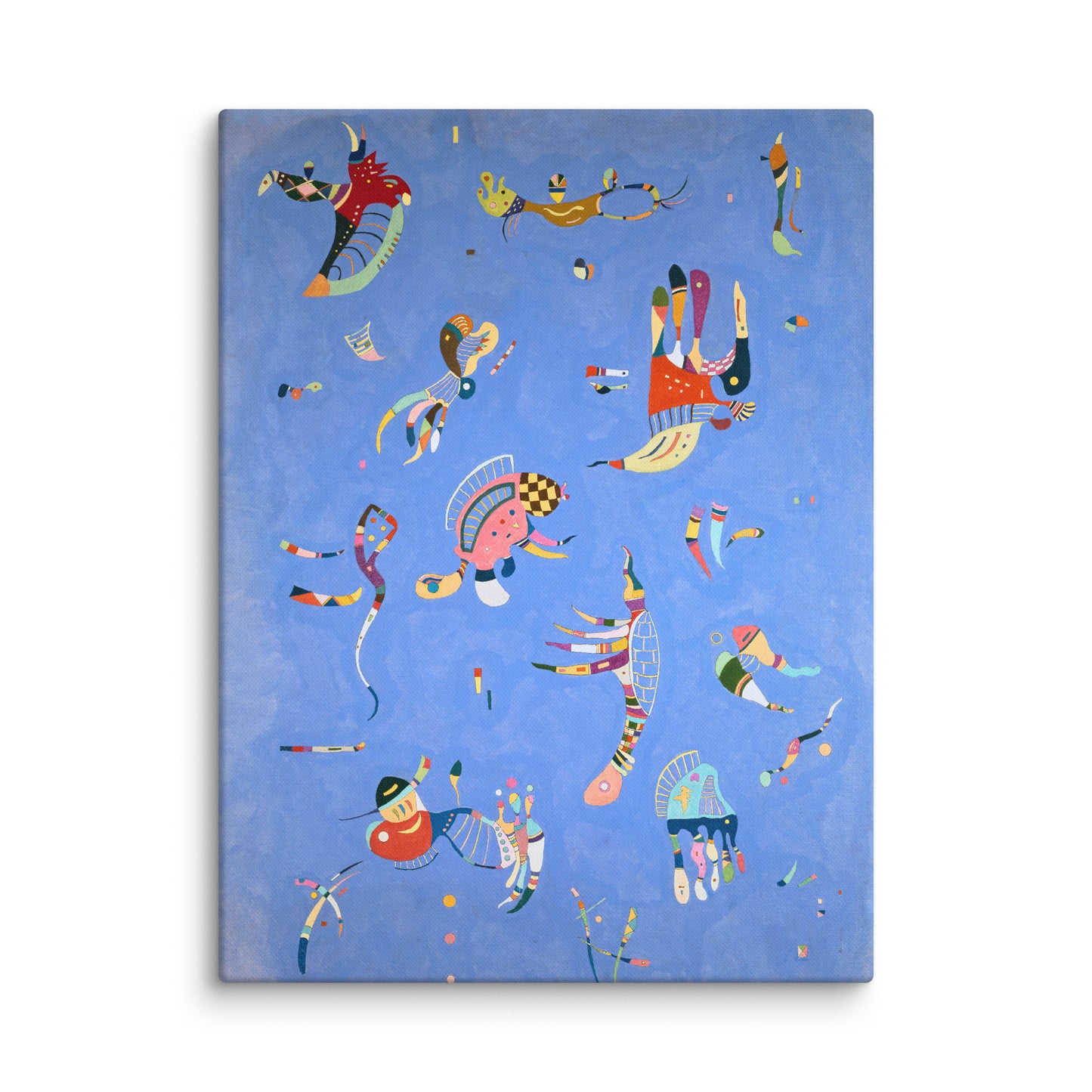 bleu libellule toile abstraite bleu azur, formes organiques colorées flottant, zoom détail grain de toile, impression premium