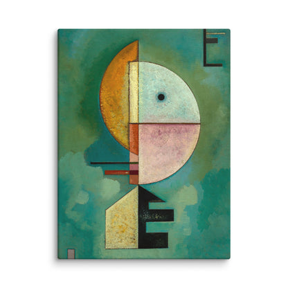 la haut toile abstraite vert profond zoom texture toile géométrique axe vertical demi-cercles ocre et rose impression premium