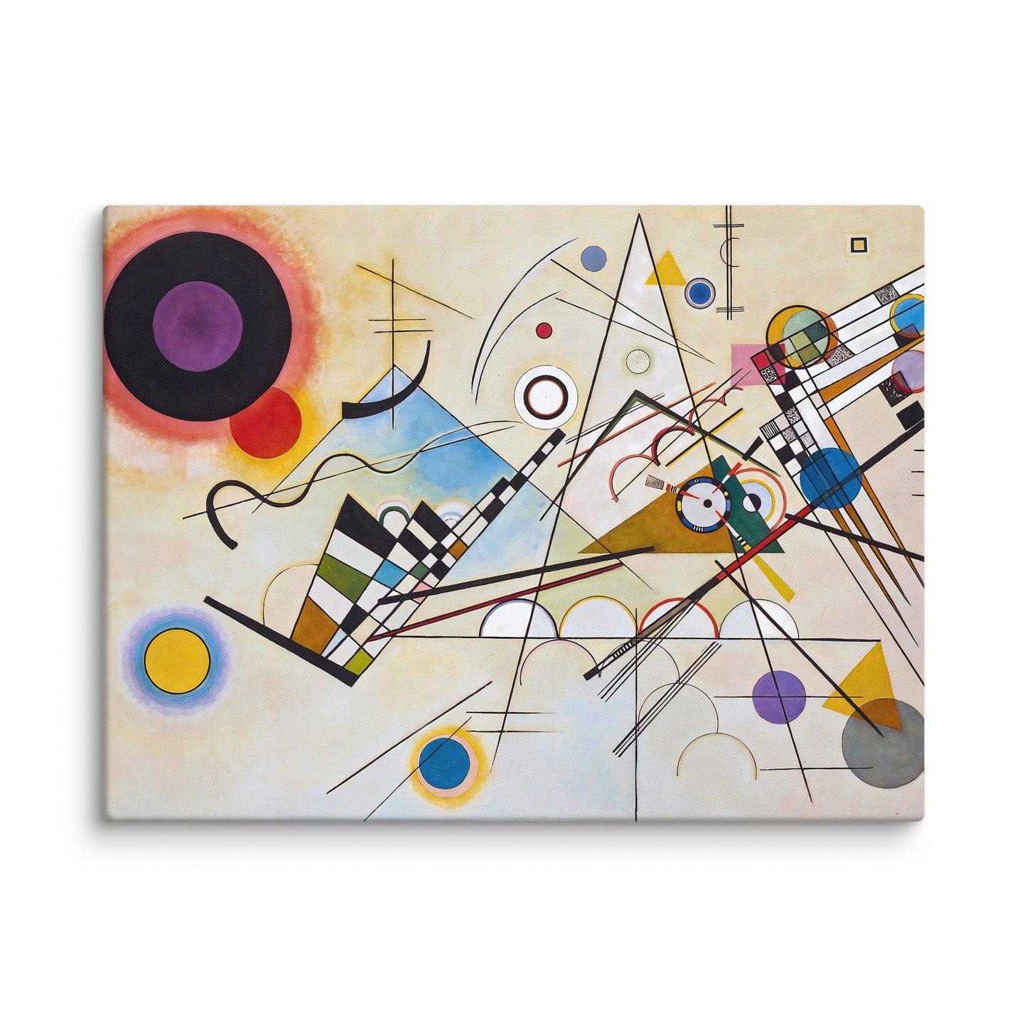 kandinsky tableau toile détail texture premium fond crème formes géométriques cercles violets bleus jaunes lignes diagonales