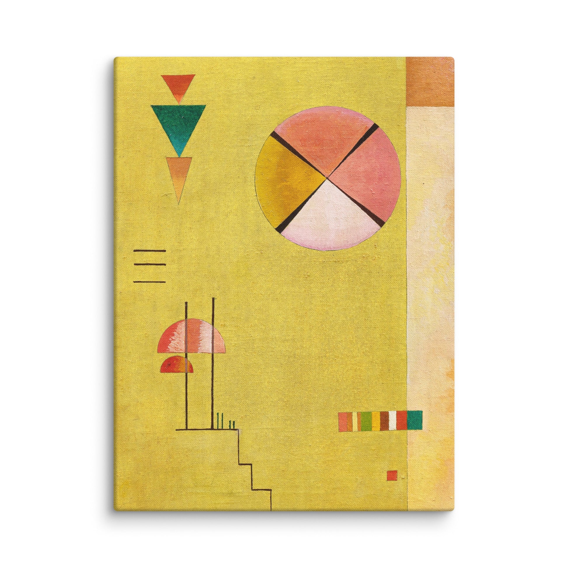 joyeux anniversaire toile jaune vif abstrait cercles triangles lignes rose violet vert rouge gros plan texture toile