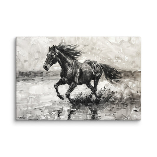 Tableau Cheval Noir et Blanc en Mouvement  Art Virtuoso XL  