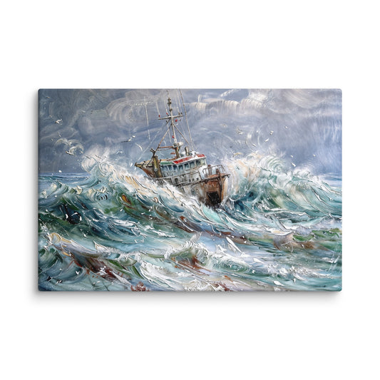 Tableau Peinture Bateau de Pêche - Mer Turbulente