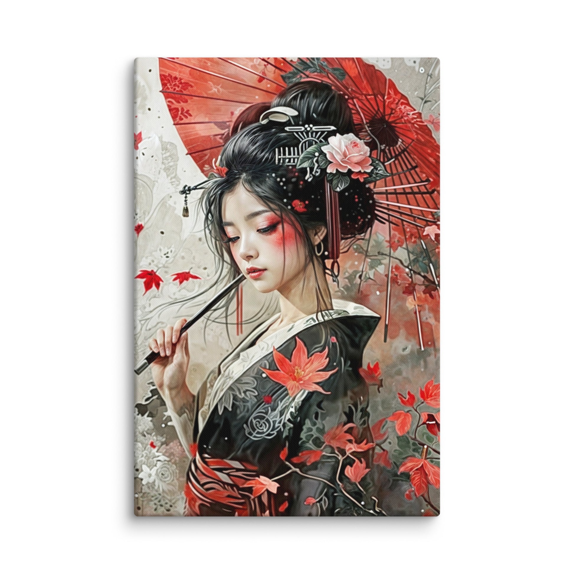 jardin japonais tableau geisha ombrelle rouge kimono noir fleurs et feuilles d'érable ambiance déco
