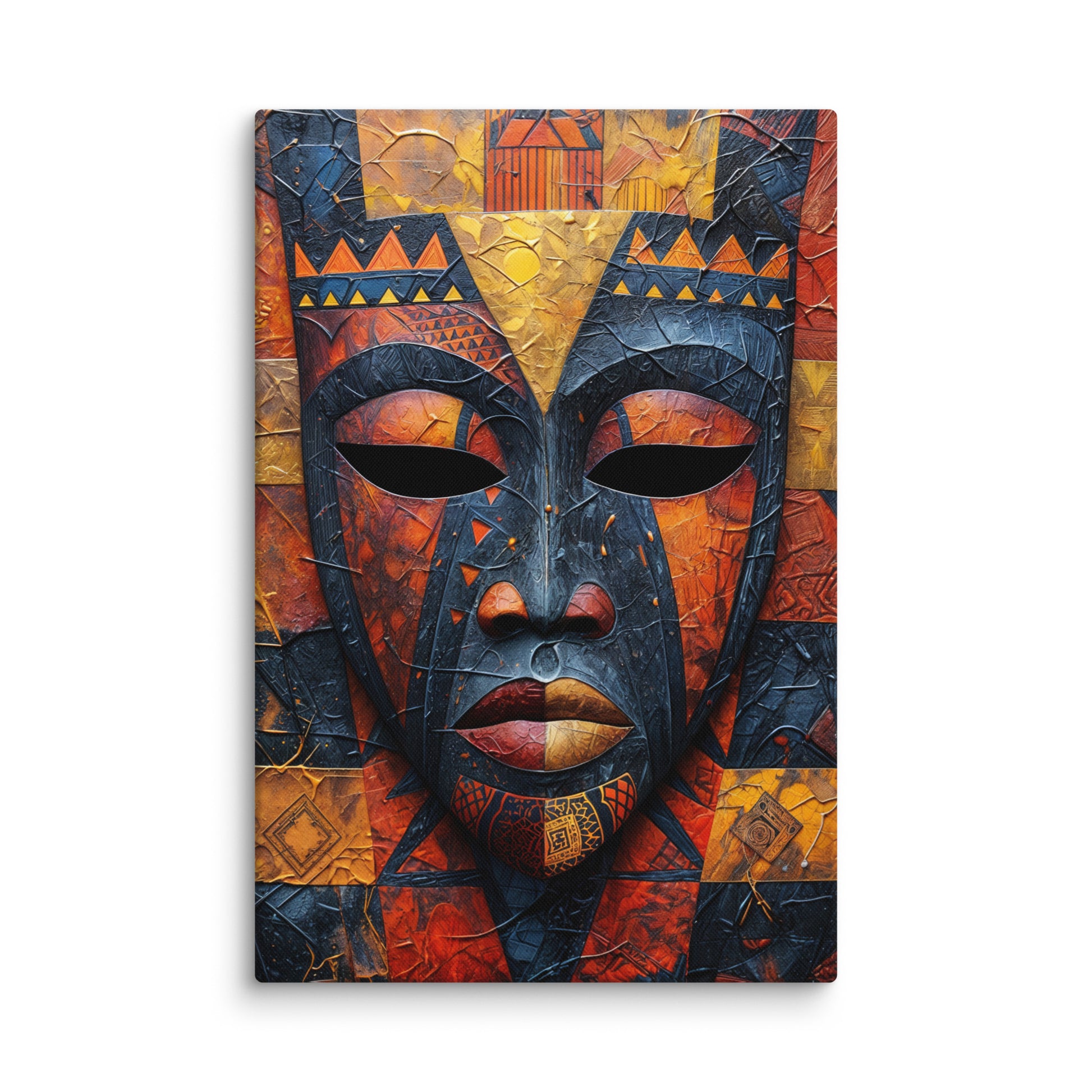 tableau masque africain moderne coloré motifs géométriques orange bleu noir texture épaisse toile mur blanc