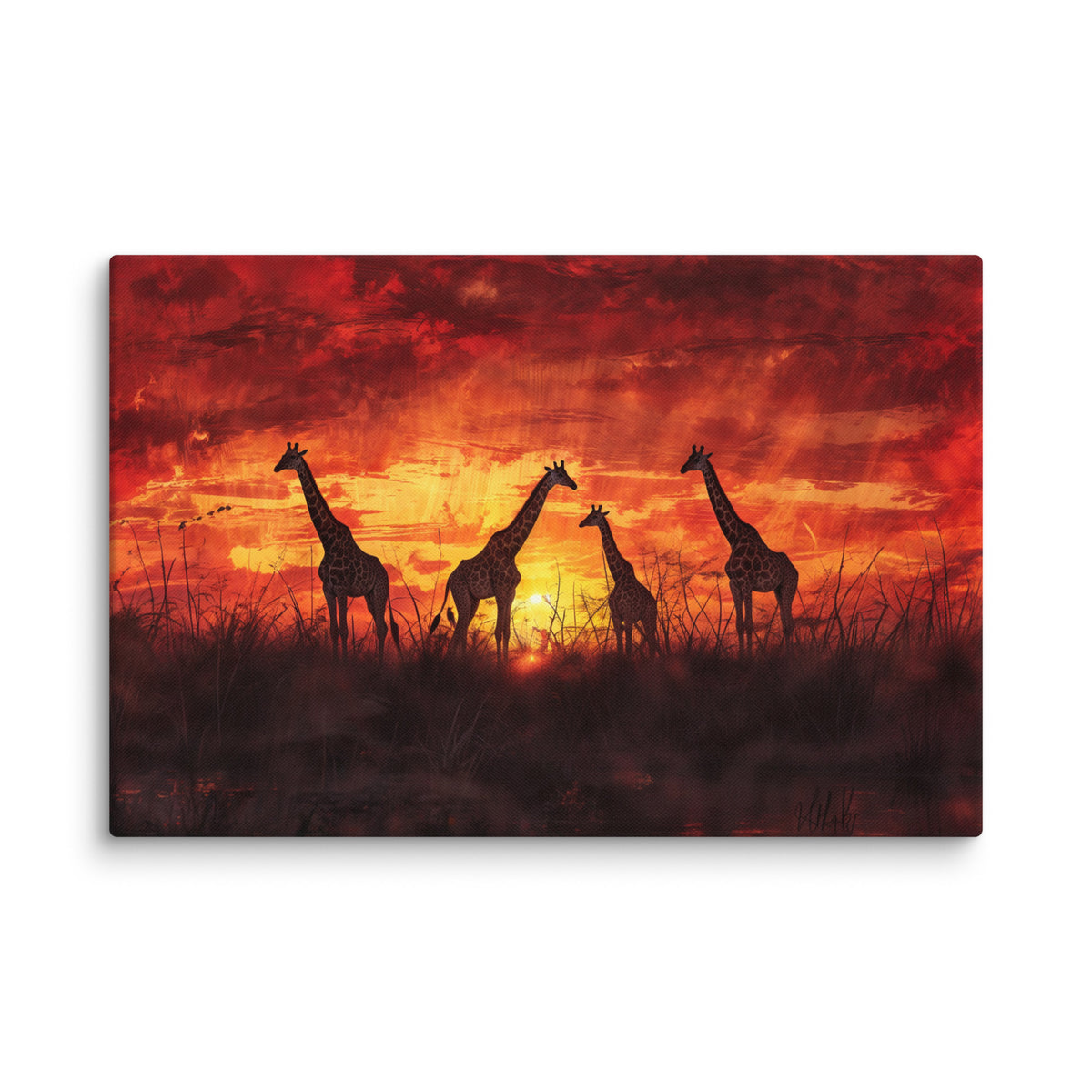 Canvas print of four giraffes before a yellow sun and red-orange sky, shown alone from the front