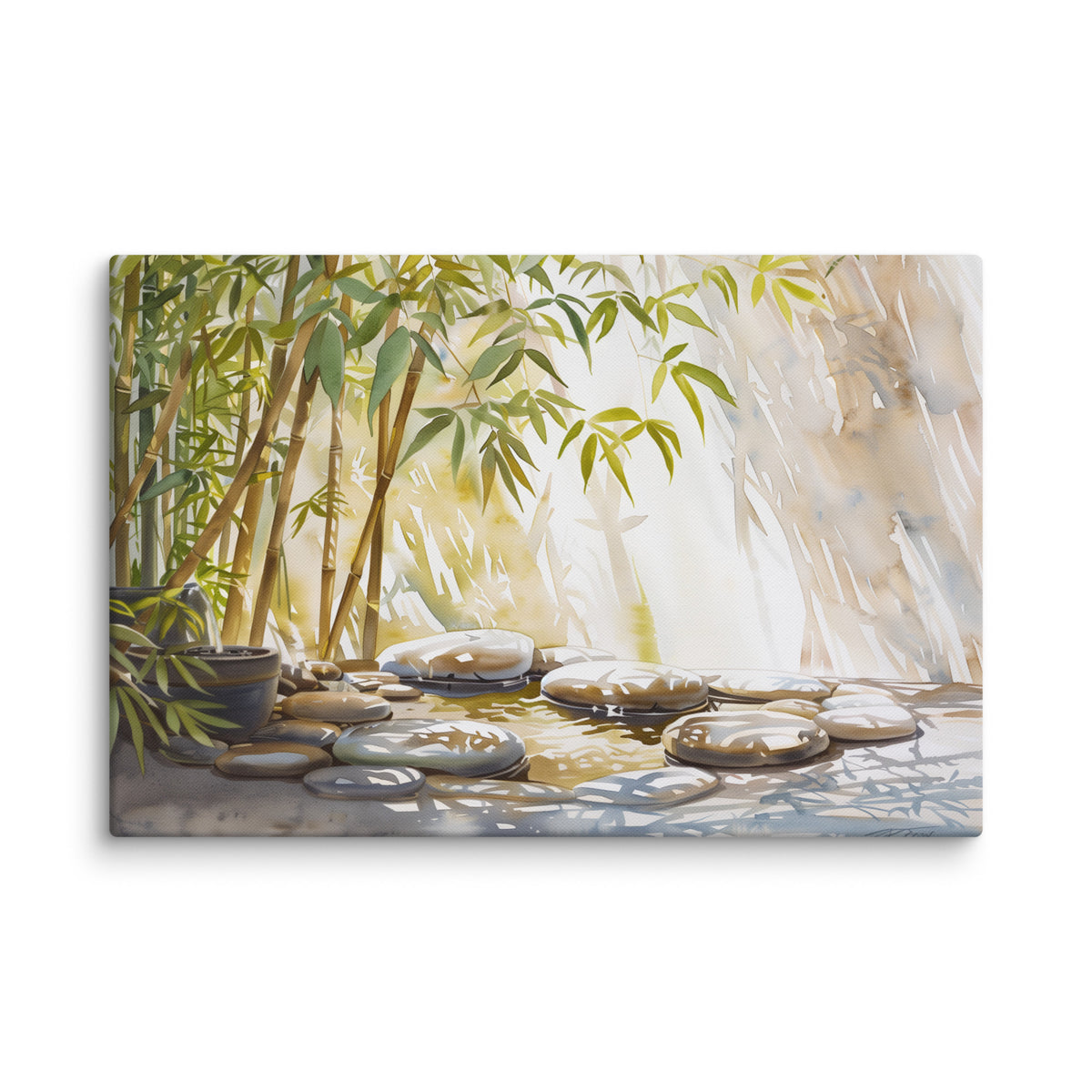 Front view of bamboo canvas with pale pebbles and golden light