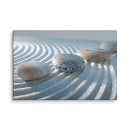 photo tableau zen minimaliste blanc galets sur sable ondulé