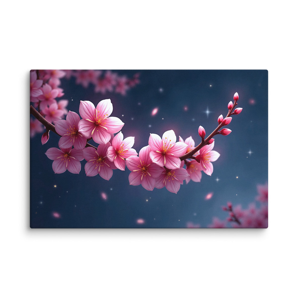 Canvas print of a pink flowering branch on a night-blue background, front view with pink blossoms and red buds