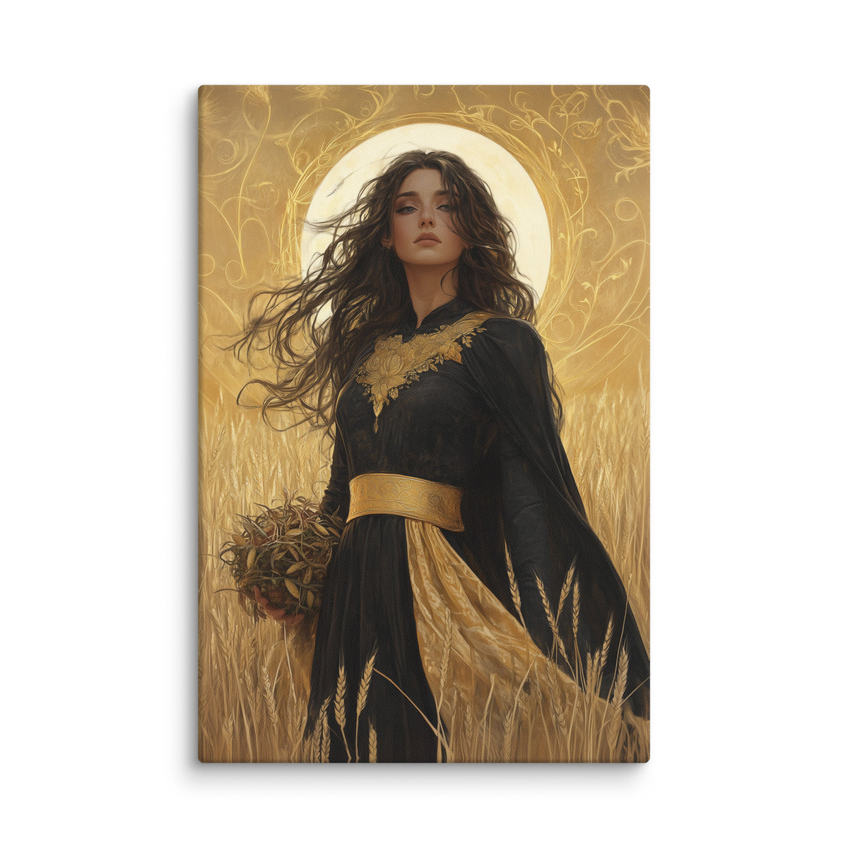 tableau contemporain noir et doré figure féminine au halo lumineux champ de blé gros plan texture toile premium