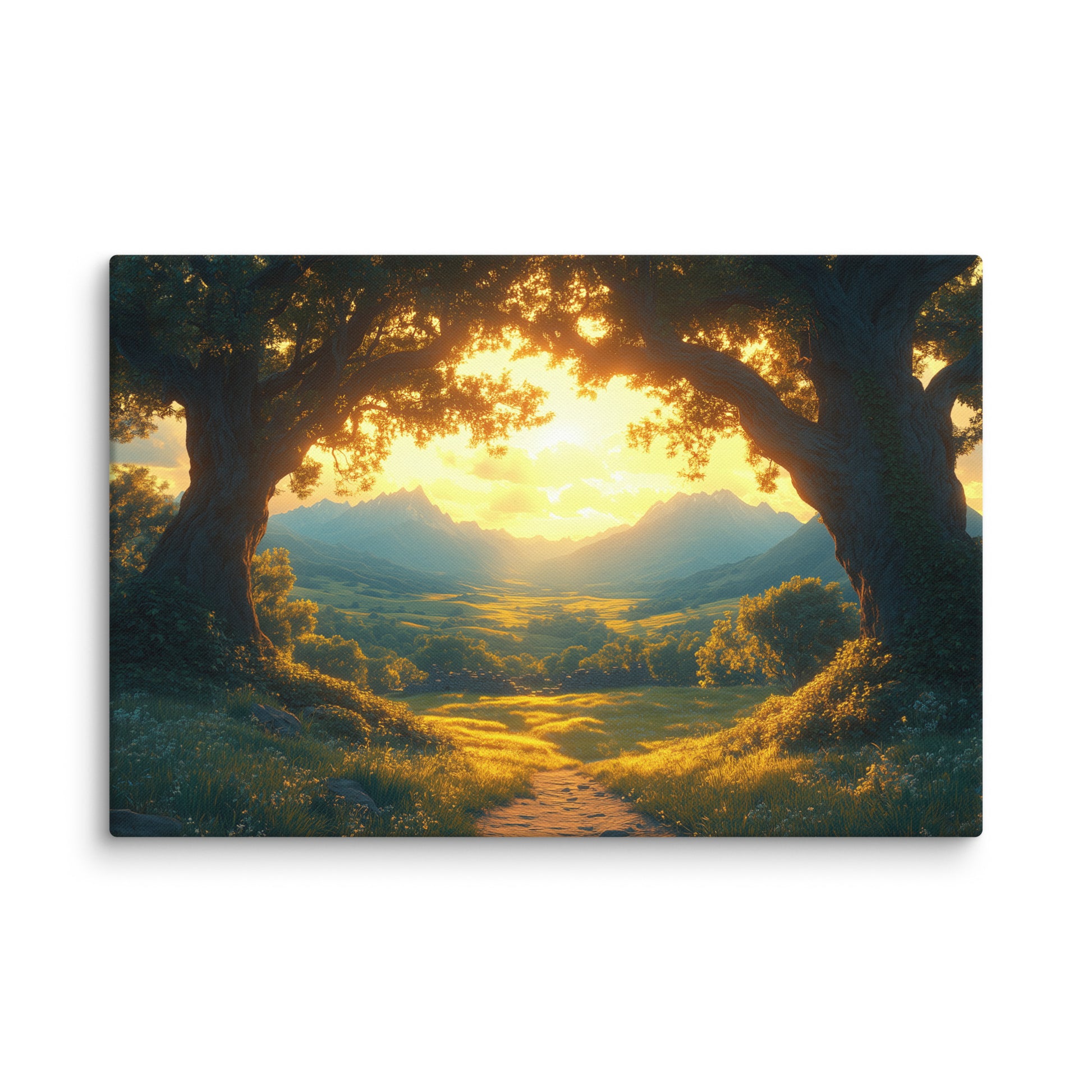Tableau paysage format XL avec arche d’arbres, vallée verte et lumière dorée