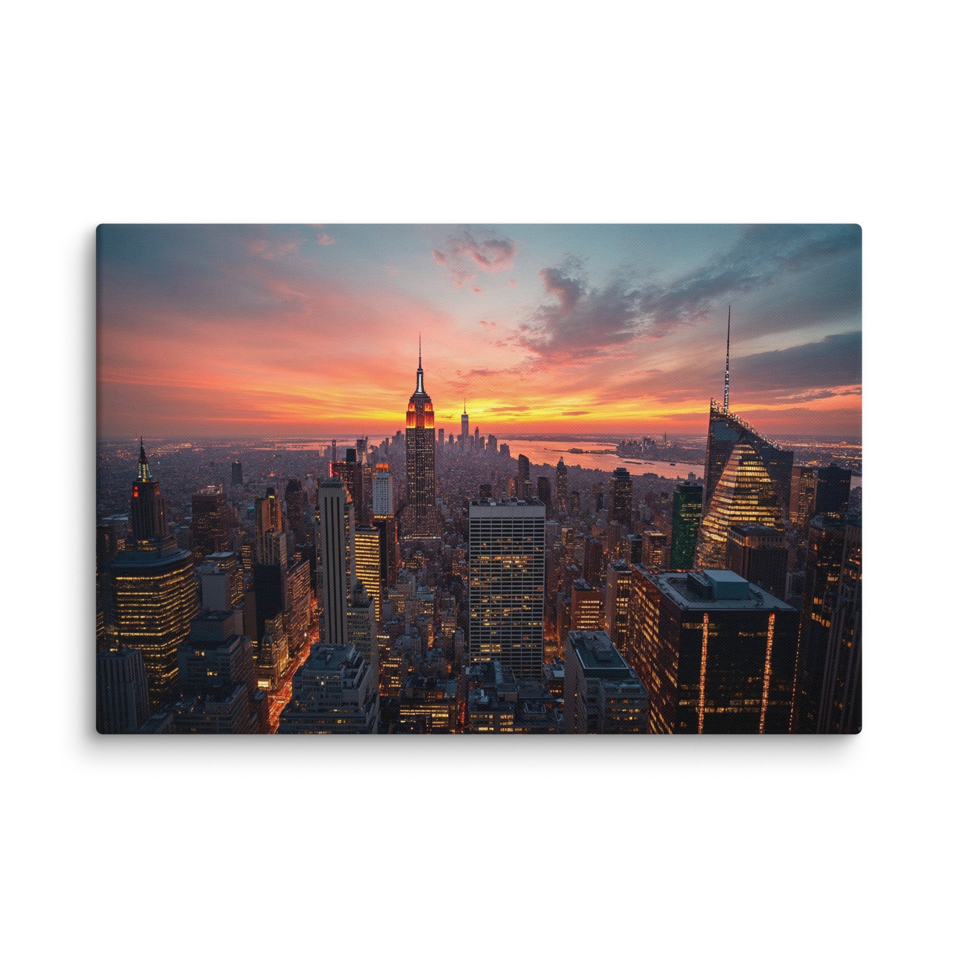 tableau photo new york manhattan coucher de soleil corail et ambre empire state building mockup salon