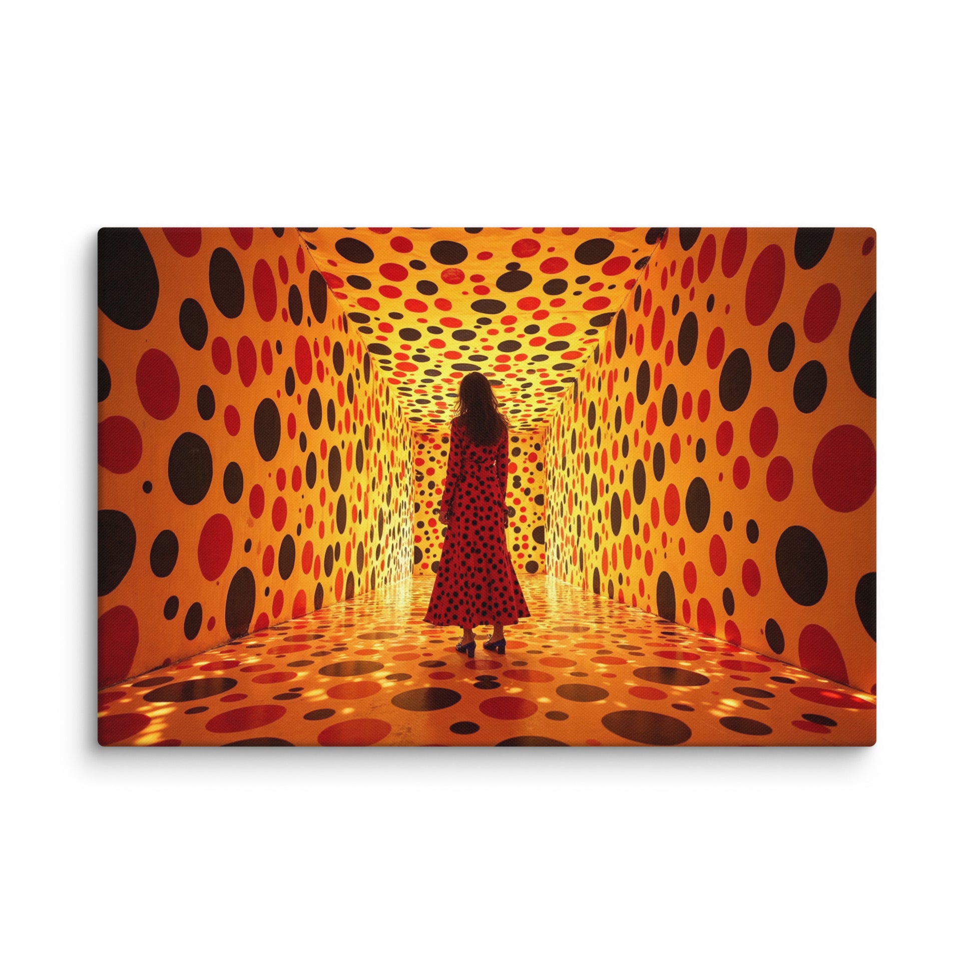 galerie vivienne tableau pop art jaune silhouette femme en robe à pois rouges dans couloir à pois orange