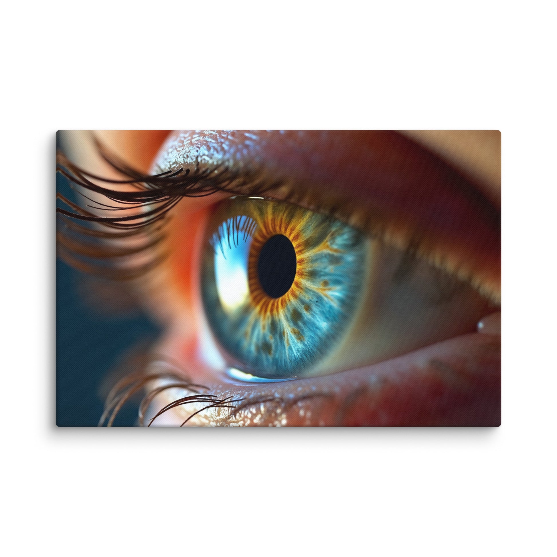 photo tableau macro iris bleu azur anneau doré pupille noire gros plan mise en scène déco intérieure